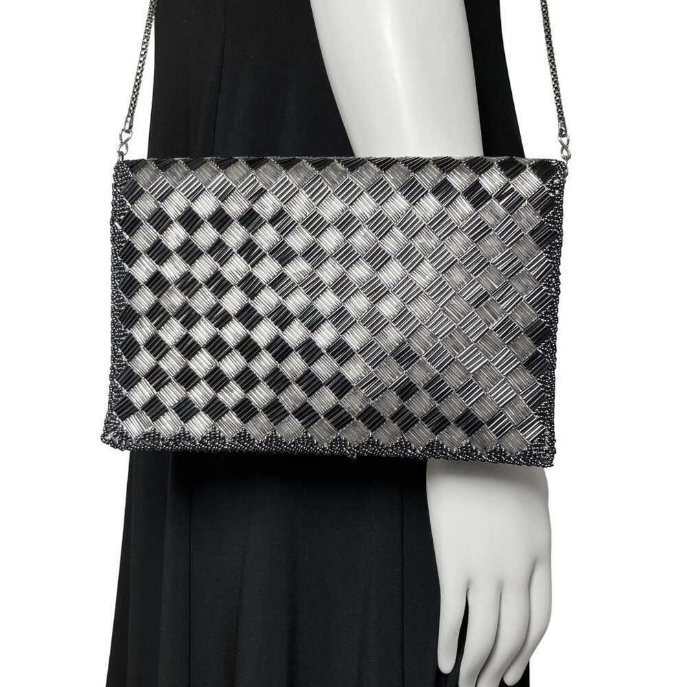 Vintage Gunmetal Beaded La Regal Evening Bag Clutch Shoulder Chain Silver Deco - Picture 3 of 15